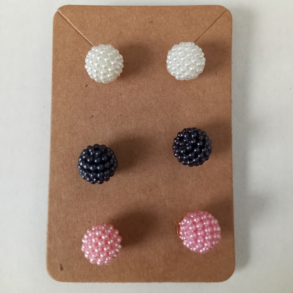 hand crafted Pearl stud post back earrings set black white and pastel pink